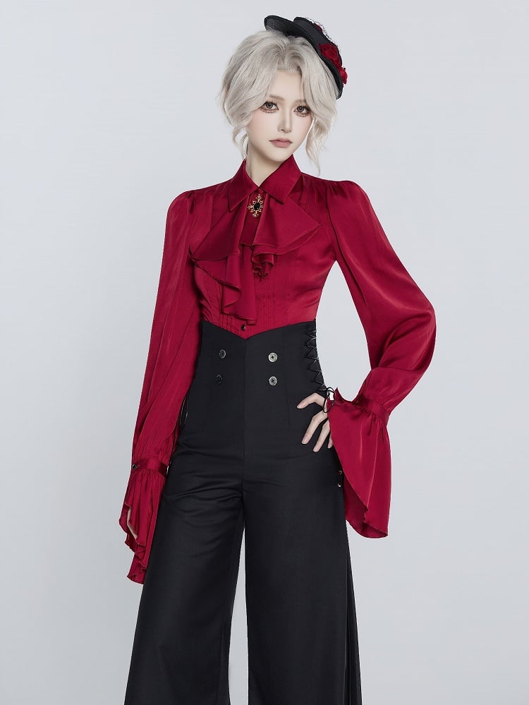 Red Pleated Shirt with Foldover Collar, Ruffle Cuffs, and Jabot Tie - DevilInspired Exclusive Collection