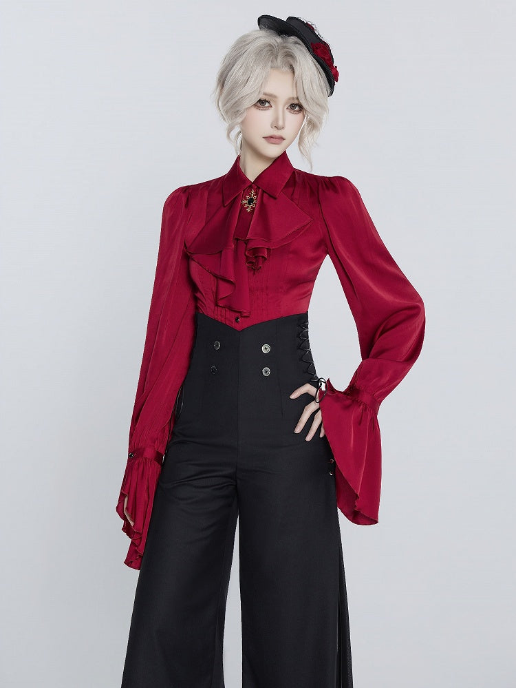 Red Foldover Collar Pleated Shirt with Jabot and Ruffle Cuffs - DevilInspired Exclusive Collection