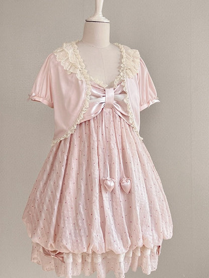 Pink Bow Lace Trim Cardigan - Tan Tuan