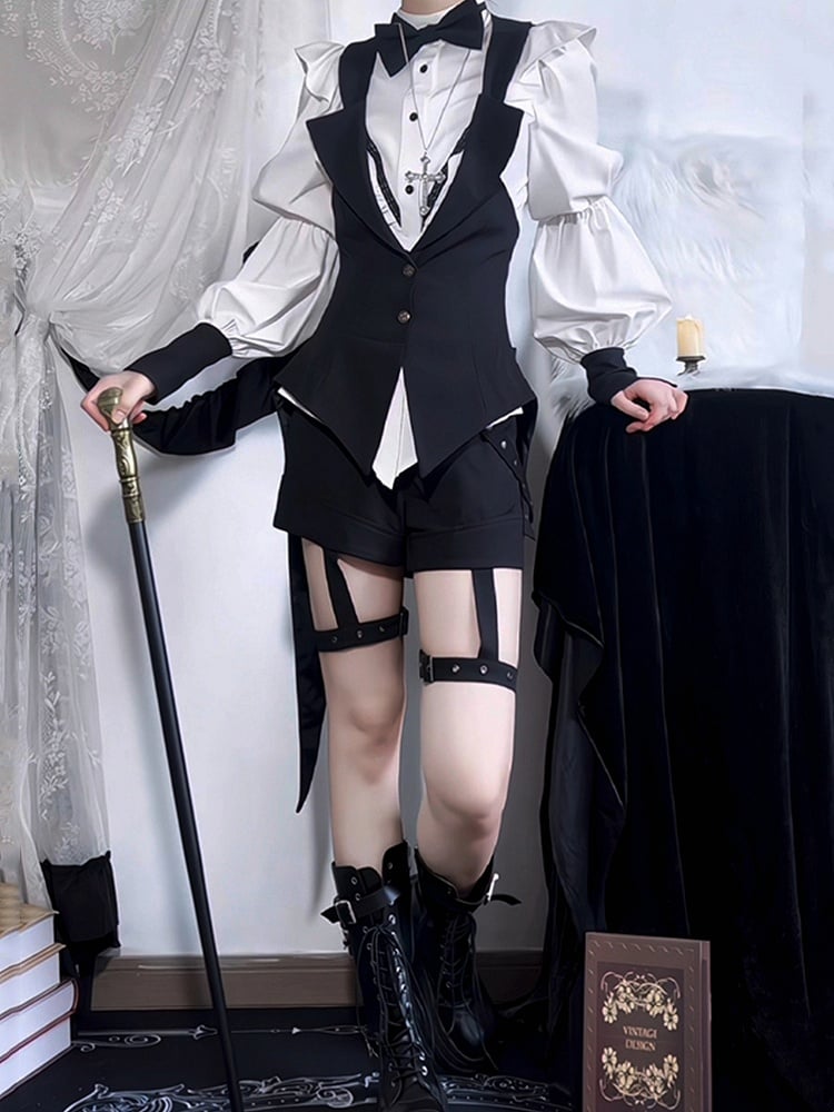 Ruffle Long White Ouji with Black Shirt Sleeves Bowtie Lolita Accents