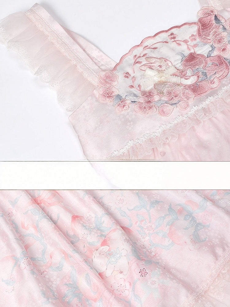 Chinoiserie Frog & Peach Embroidered Hanfu Dress with Overlay & Bows - Yimu Walnut