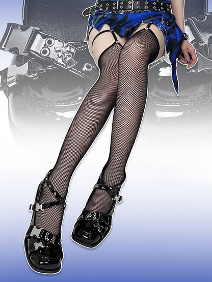 PU Punk Crisscross Details Janes Schwarze High-Heel-Riemen mit Nieten, quadratische Zehenpartie mit Mary -