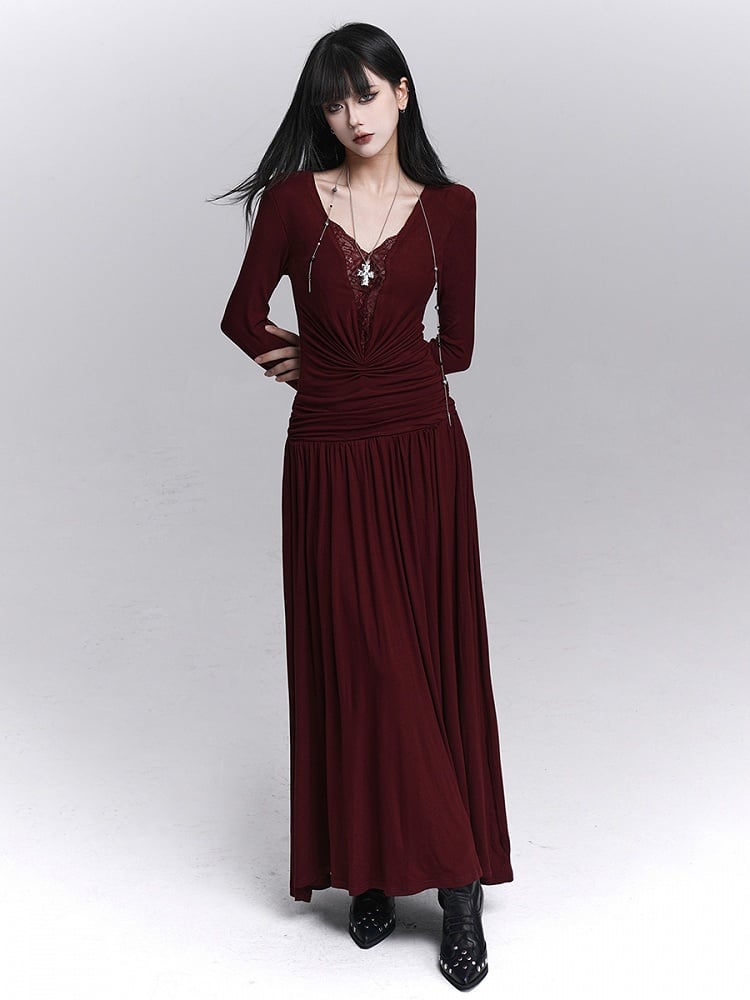Maxi Gothic Detaillierung mit dunkelrotem Bauchkleid Spitze V-Ausschnitt gerüscht