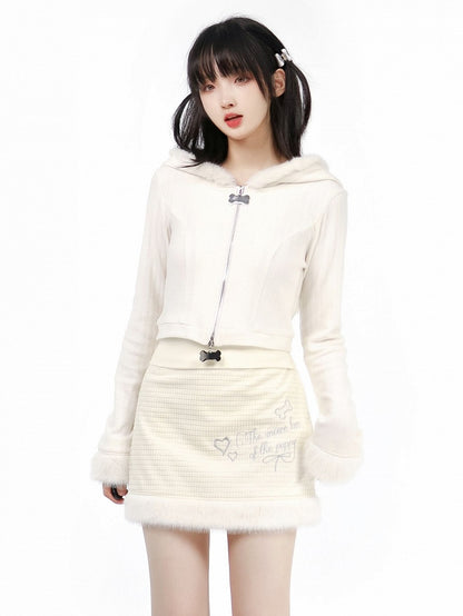 カーディガン パピーイヤー フード付き ホワイト プラッシュ