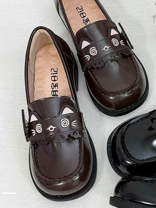 Dark Brown Kawaii School Square Toe Shoes with Cat Theme Design - Moon Baby Diary
