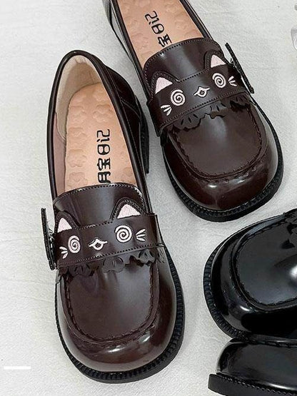 Dark Brown Kawaii School Square Toe Shoes with Cat Theme Design - Moon Baby Diary