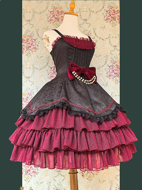 Ruffle Bead Red with Dress Accents Layered Bow Classic and Black Elegant Lolita