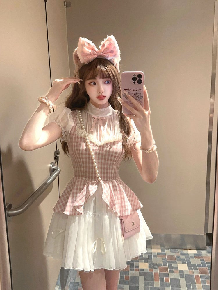 With Two-Piece Faux Pink Dress Pattern Plaid White