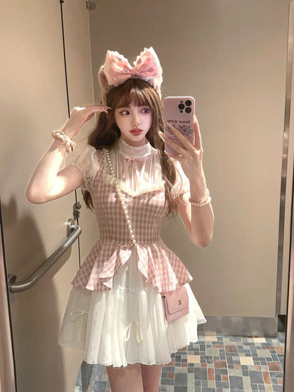 With Two-Piece Faux Pink Dress Pattern Plaid White