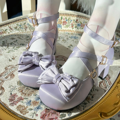 5cm Heeled Elegant Lolita Purple Mary Jane Shoes in Satin with Top Bow & Kitty Fastener