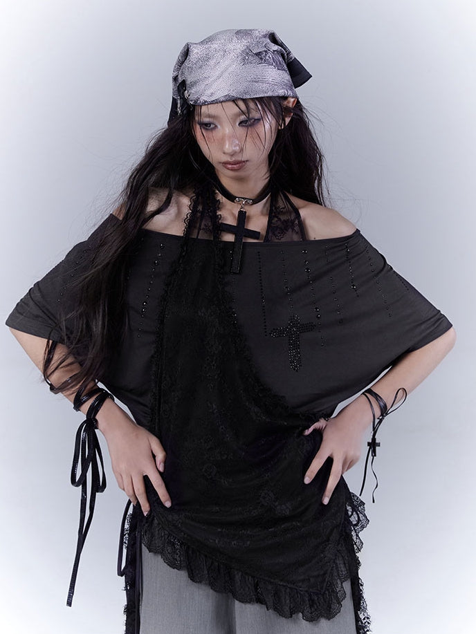 T-Shirt Neckholder Schwarz Kreuz Strass Gebogener Saum