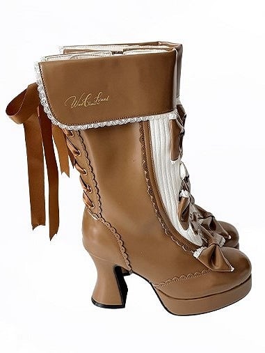 Boots High-heel Cuff Lolita Platform Elegant Fold-over Brown with Back Lacing