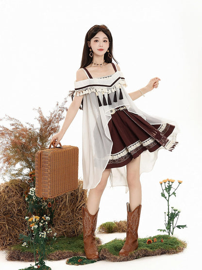 Brown & White Cape + Dress Set with Fringe and Waist Belt - Wasteland Style - Unknown Star