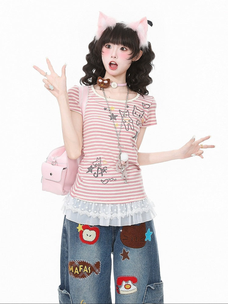 Striped Pink & Kitty Print Lace-Hem Top - Languid Park