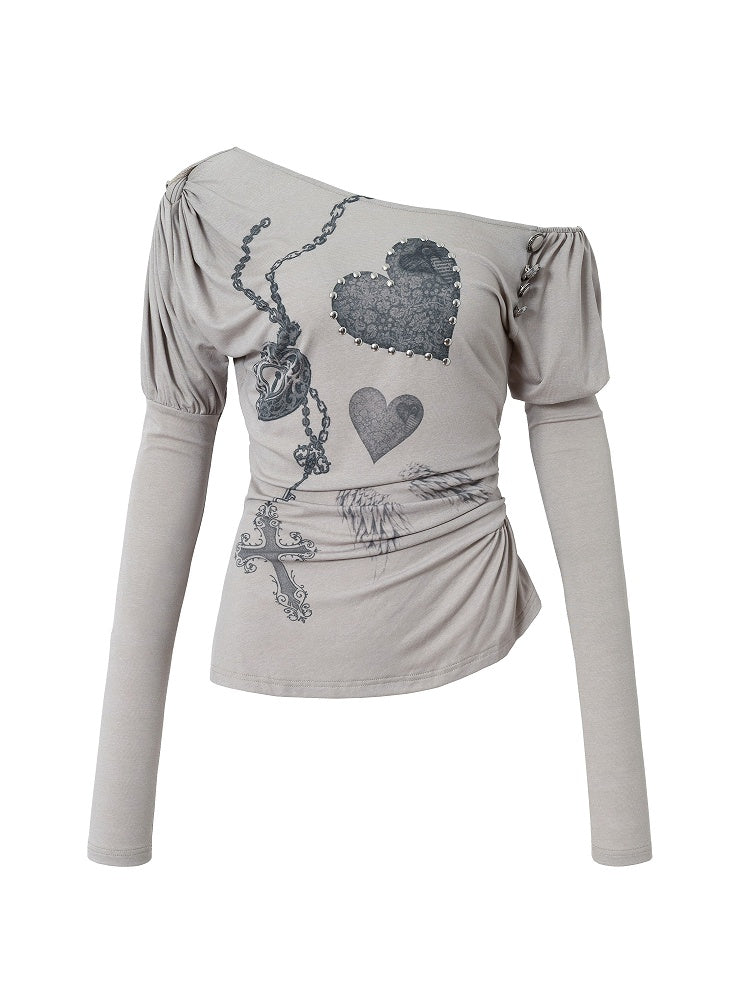Punk Heart Cross Juliette Knit Top Gray with Sleeves Print Grunge Aesthetic Asymmetrical