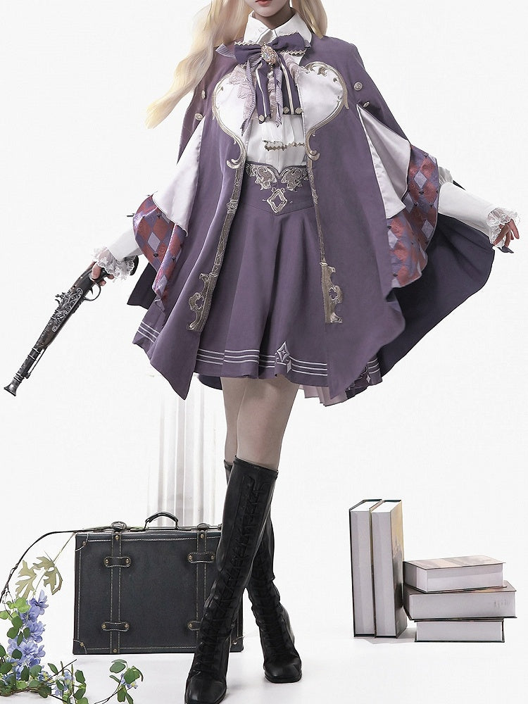 Magic Carnival Purple & White Bow Tie Blouse with Striped Skirt and Cape Set - Xiong Dou Jiang
