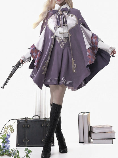 Magic Carnival Purple & White Bow Tie Blouse with Striped Skirt and Cape Set - Xiong Dou Jiang