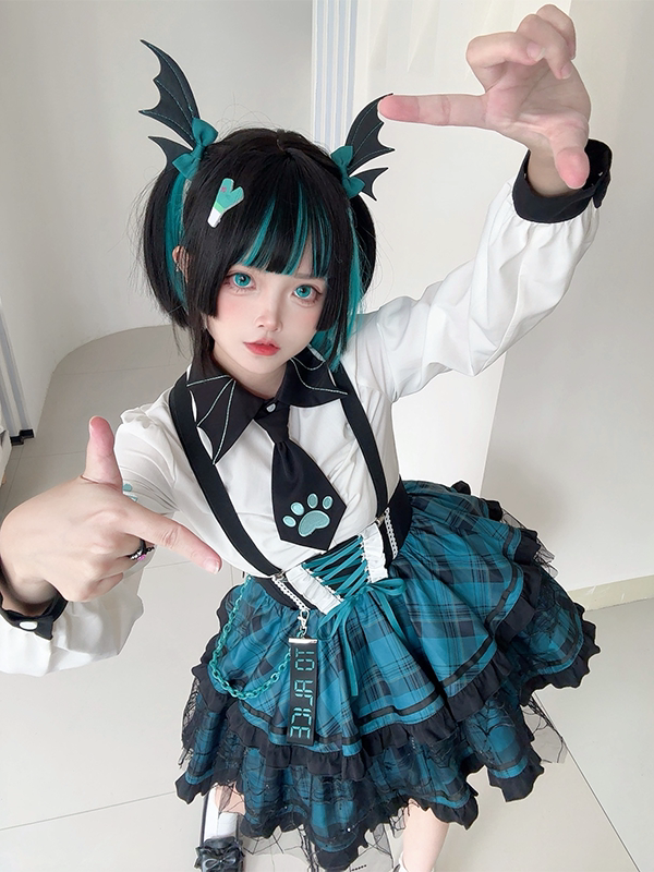 Overall Punk und Schnürung an der Taille Schwarz Plaid Detail Korsett Lolita Kleid Grün