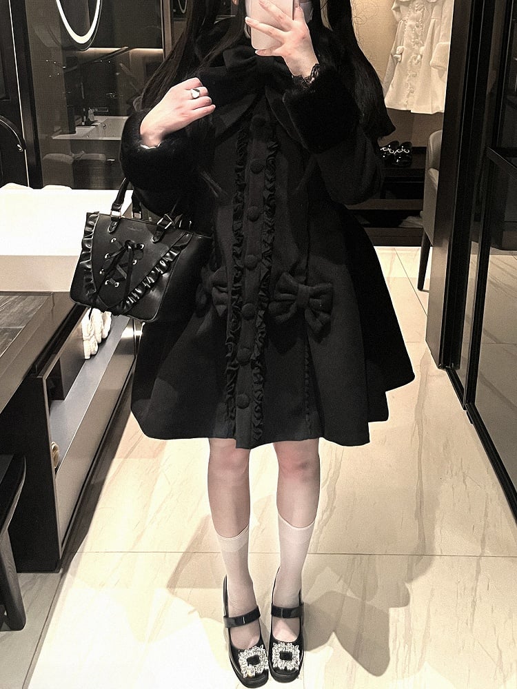 ジライケイ ホワイト/ブラック 取り外し可能なケープ 蝶結びディテール 地雷スタイルコート