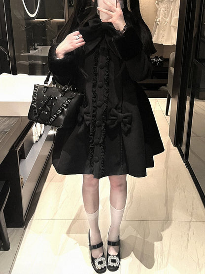 ジライケイ ホワイト/ブラック 取り外し可能なケープ 蝶結びディテール 地雷スタイルコート