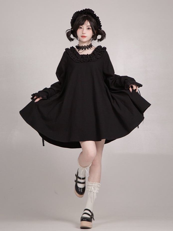 Dress Sleeves Short Neckline Version Black Ruffled Wa Long Square Lolita
