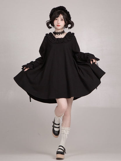 Dress Sleeves Short Neckline Version Black Ruffled Wa Long Square Lolita