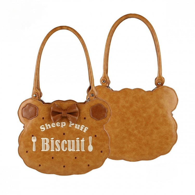PU Light Brown Lolita Bear Cookie Bag with Fork & Spoon Embroidery