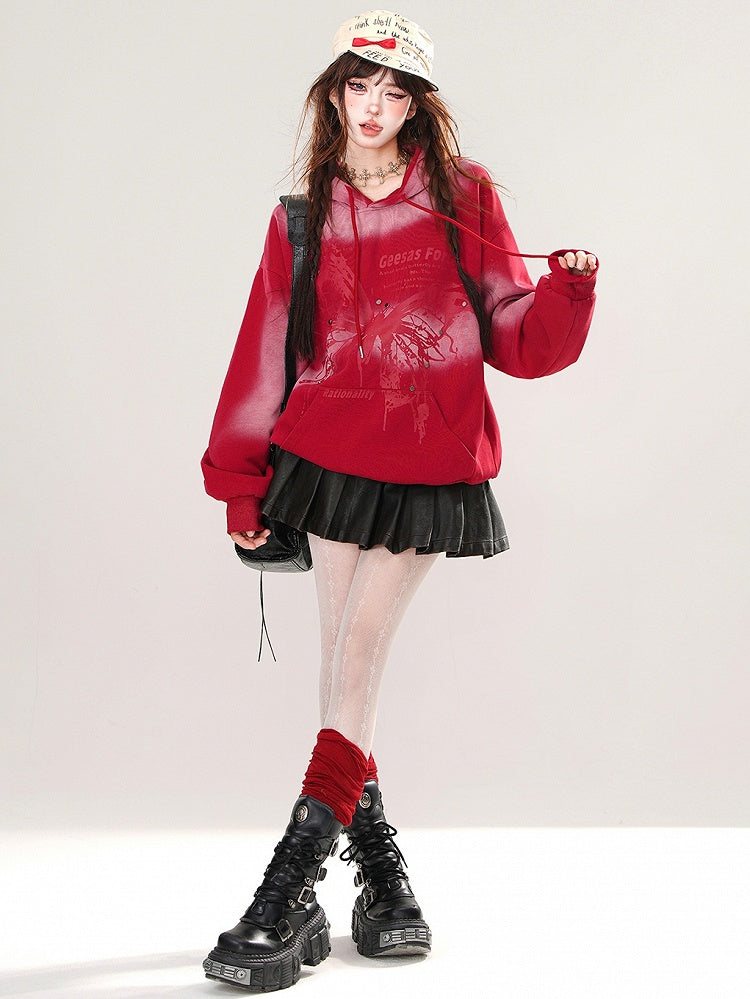 Black/Red Butterfly Tie Dye Loose Hoodie