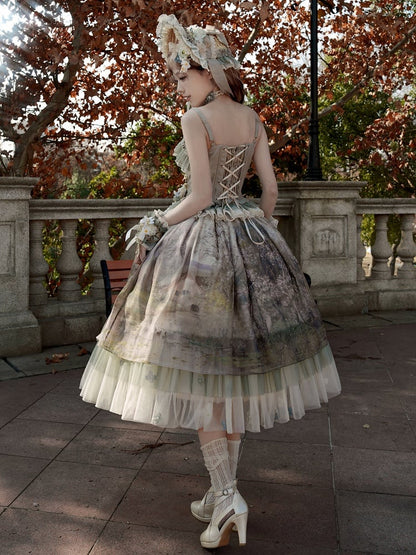Green Oil Painting Print Flowers Tulle Hemline Lolita Skirt