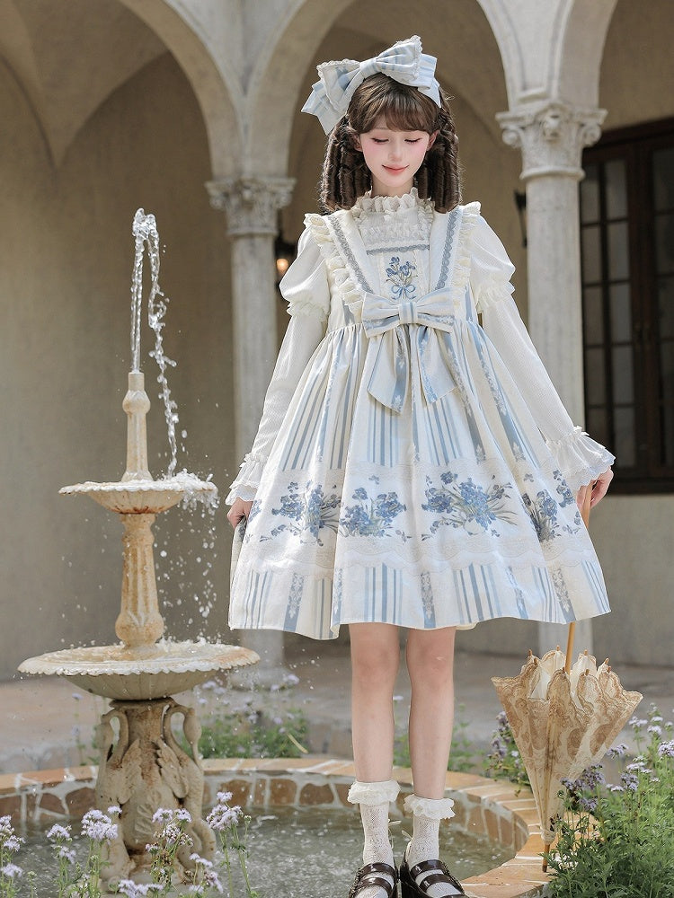 Blue & White Striped Floral Embroidered JSK Set with Knit Top, Belt & KC - With PUJI