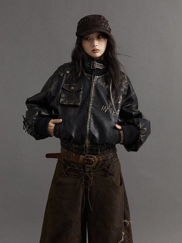 クロスアップリケ ブラック パンク ジャケット レースアップ ディテール スリーブ