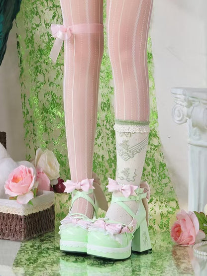 Bows with Striped Janes Lolita Heel Green Crisscross 8cm High Mary Light Block Design