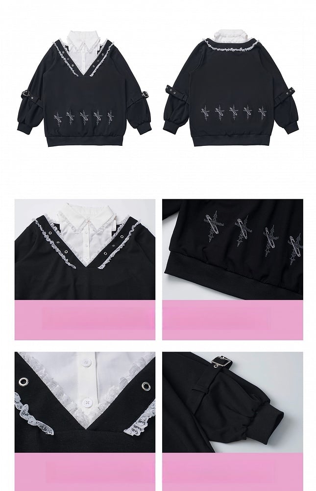 Shoulder Cutouts Collar Faux and Lace Sweatshirt Two-pieces White Black Dollcore Sweet-Grunge with |