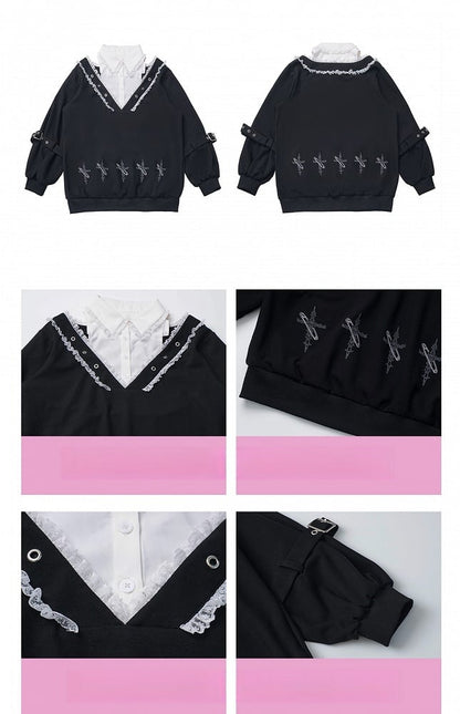 Shoulder Cutouts Collar Faux and Lace Sweatshirt Two-pieces White Black Dollcore Sweet-Grunge with |