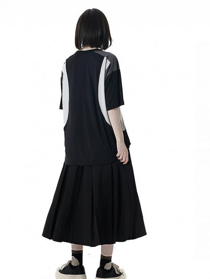 Neck Design Round Sports T-shirt Colorblock Star Appliques Plaid Black/Gray