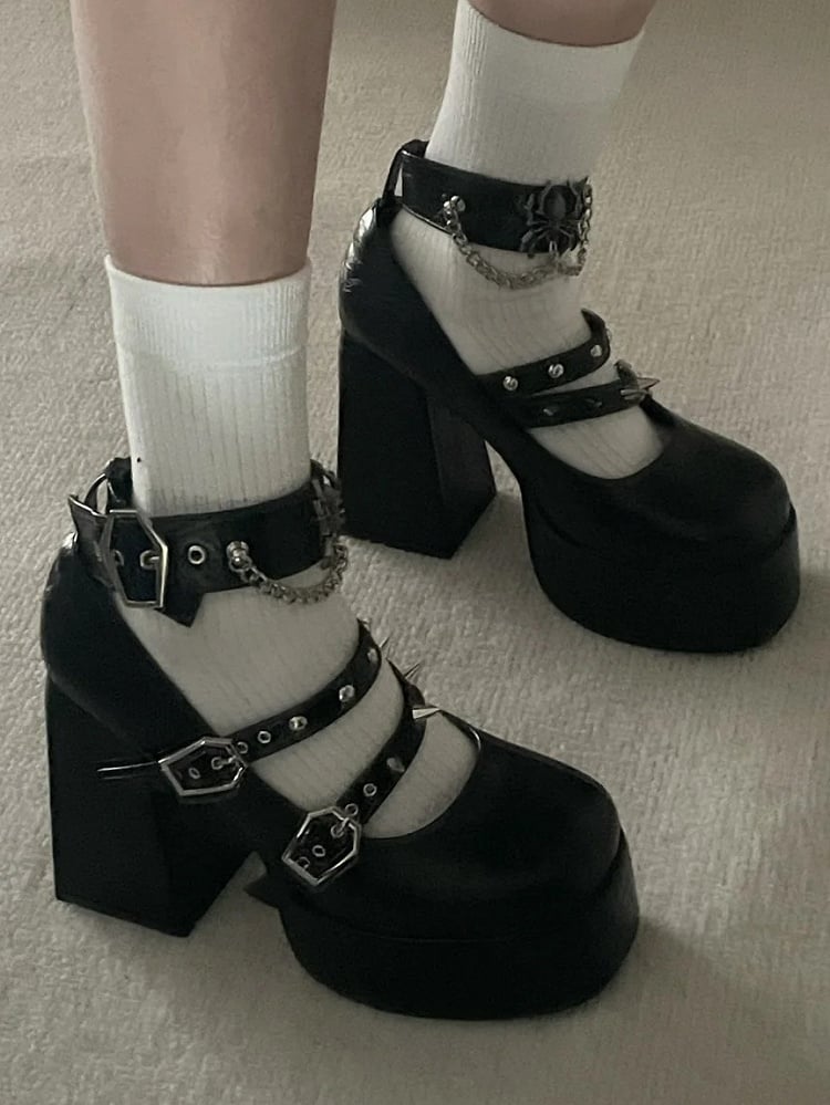 High with Black Metal Studs Goth Block Shoes Heel