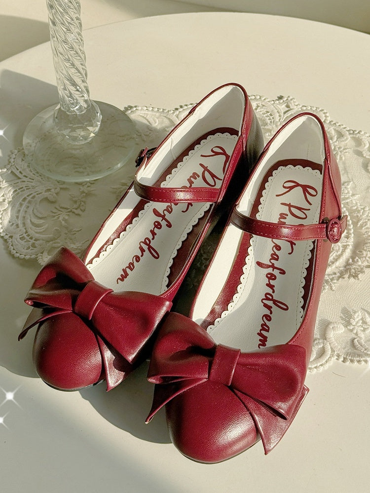 Elegant Wine Red Mid-heel Shoes for Lolita - PU Leather with Bow Details & Snap Design
