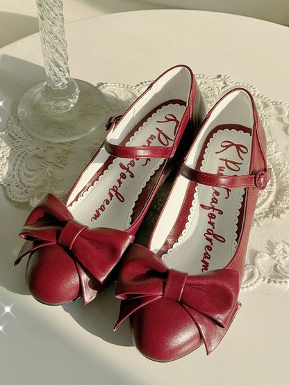 Elegant Wine Red Mid-heel Shoes for Lolita - PU Leather with Bow Details & Snap Design