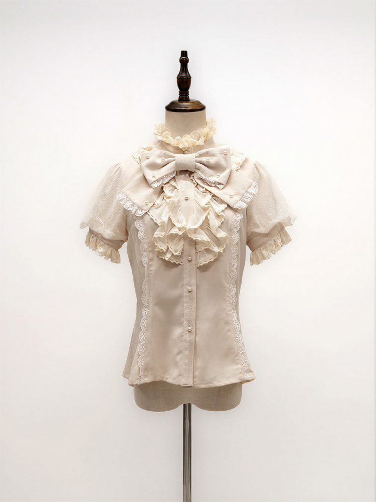 Short Sleeve Lace Blouse with Bead and Bow Accents - NnSTAR