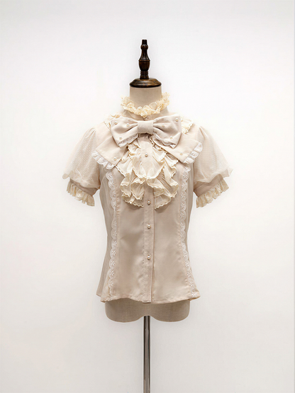 Short Sleeve Lace Blouse with Bead and Bow Accents - NnSTAR