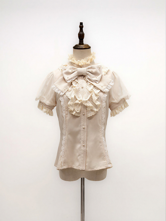 Short Sleeve Lace Blouse with Bead and Bow Accents - NnSTAR