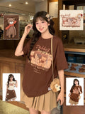 Teddybär-Druck, braun, entzückendes, lockeres T-Shirt-Hals-Plüschtier mit Pilz, rund