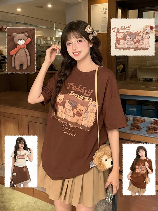 Mushroom Teddy Bear Print Brown Adorable Neck Round Loose T-shirt with Plushie