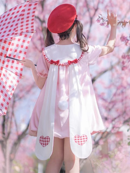 ライトピンクのウサギ耳ピーターパンカラーバブルスカートドレス