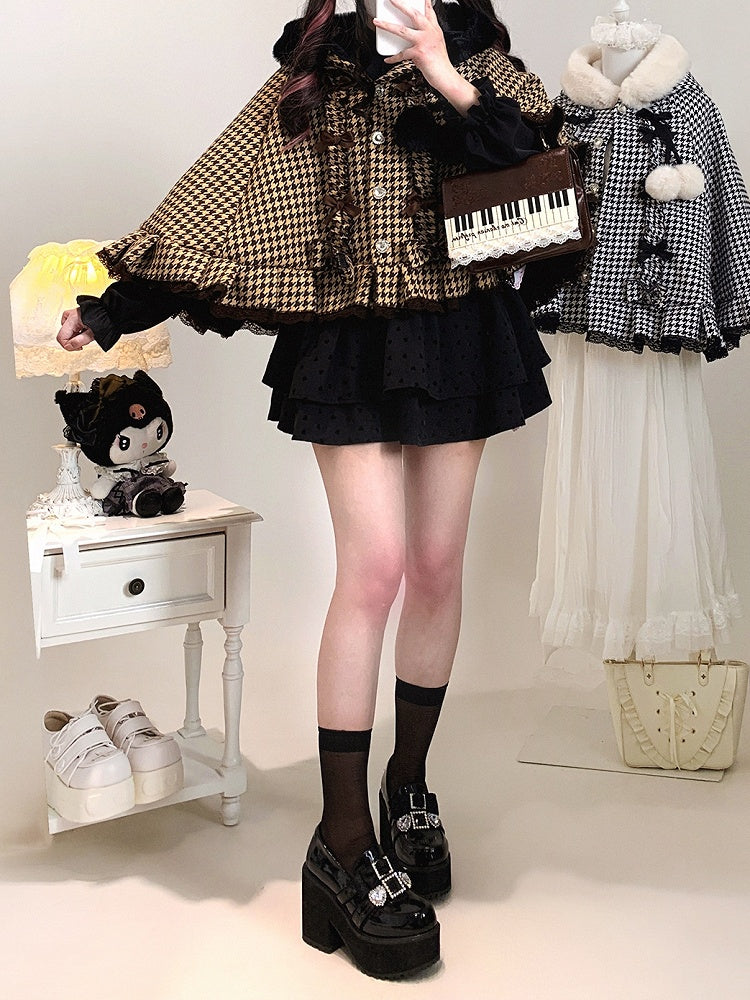 Hooded Fleece-Lined Kei Buttons Heart Cape Houndstooth Jirai with