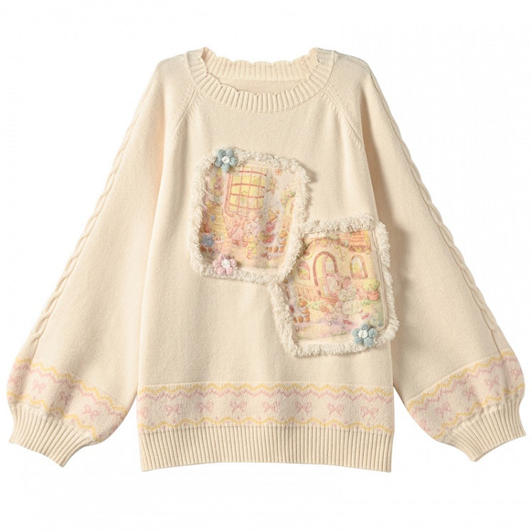 Gelber Pullover mit Teddybär-Applikation und Ölgemälde