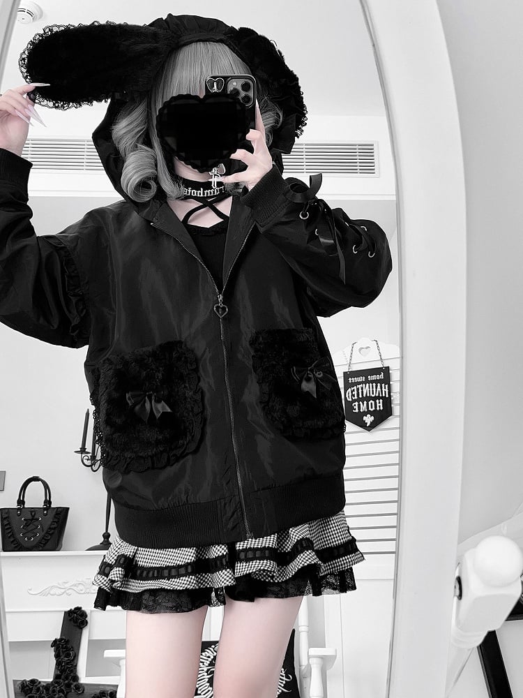 Black Plush Bunny Ear Hood Jirai Kei Jacket with Crossed Back Pins & Lace-Up Sleeves