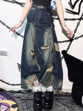 Accents Distressed Skirt Chain Maxi with Slit Blue Denim