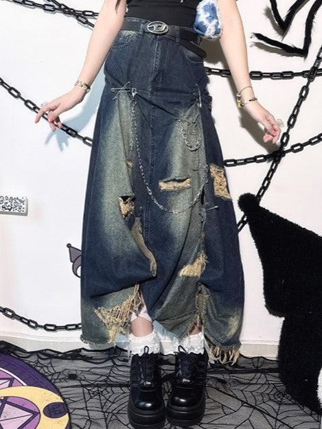 Accents Distressed Skirt Chain Maxi with Slit Blue Denim