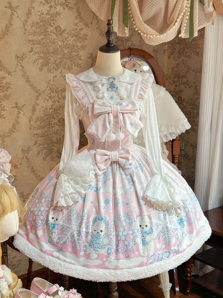 Sweet Winter Lolita Snowy Teddy Print Light Pink Dress JSK Full Set